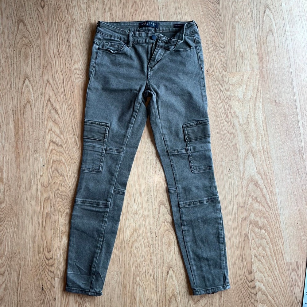 Bullhead Denim Co Cargo Low-Rise Skinny Pants Olive Green Moto Ankle Zip Size 25